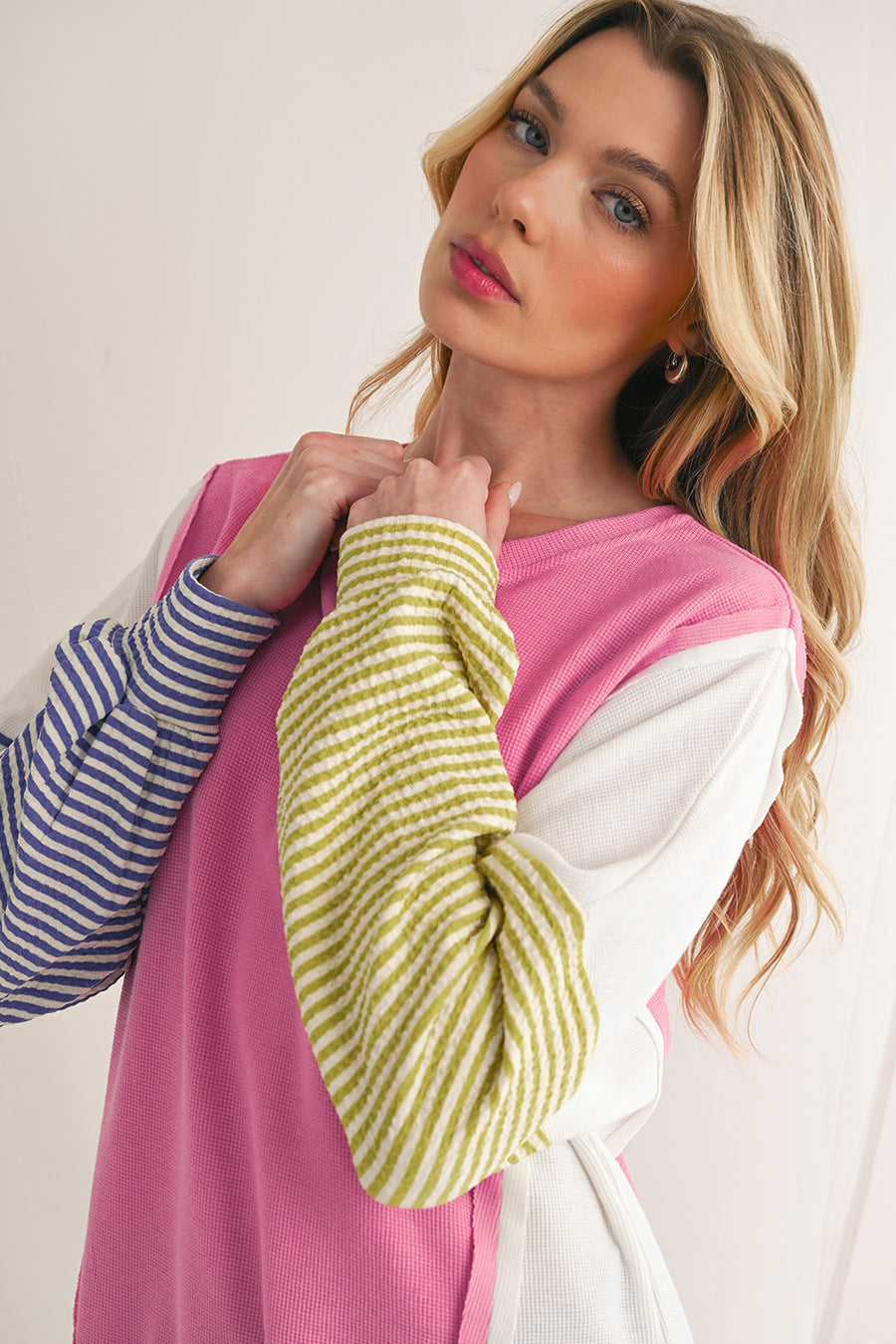 Pink Multi Waffle Patchwork Striped Sleeve Long Sleeve Shirt