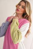 Pink Multi Waffle Patchwork Striped Sleeve Long Sleeve Shirt