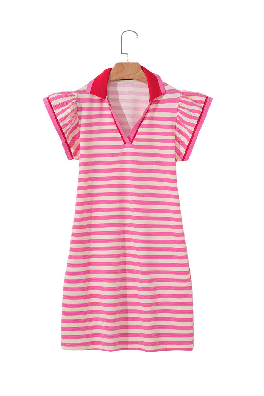 Striped Ruffle Short Sleeve Contrast Neckline Mini Dress- 3 Colors