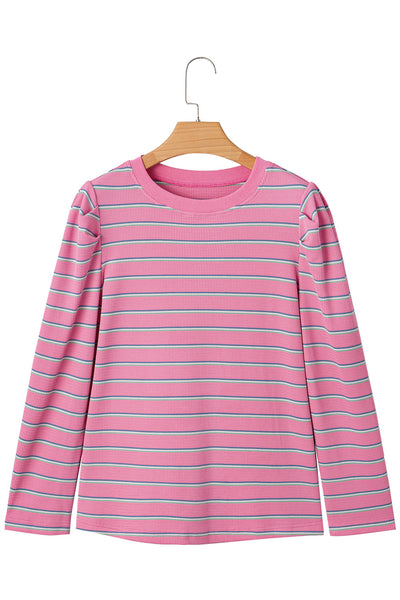 Pink Striped Textured Knit Puff Sleeve Crew Neck Top