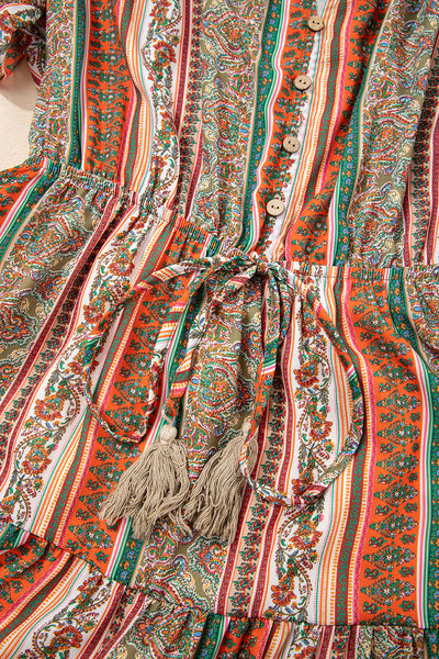 Red Bohemian Floral Print Buttoned V Neck Ruffle Tiered Dress