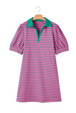 Plus Size Bright Pink and Green Stripe Collared Puff Sleeve Mini Dress with Pockets