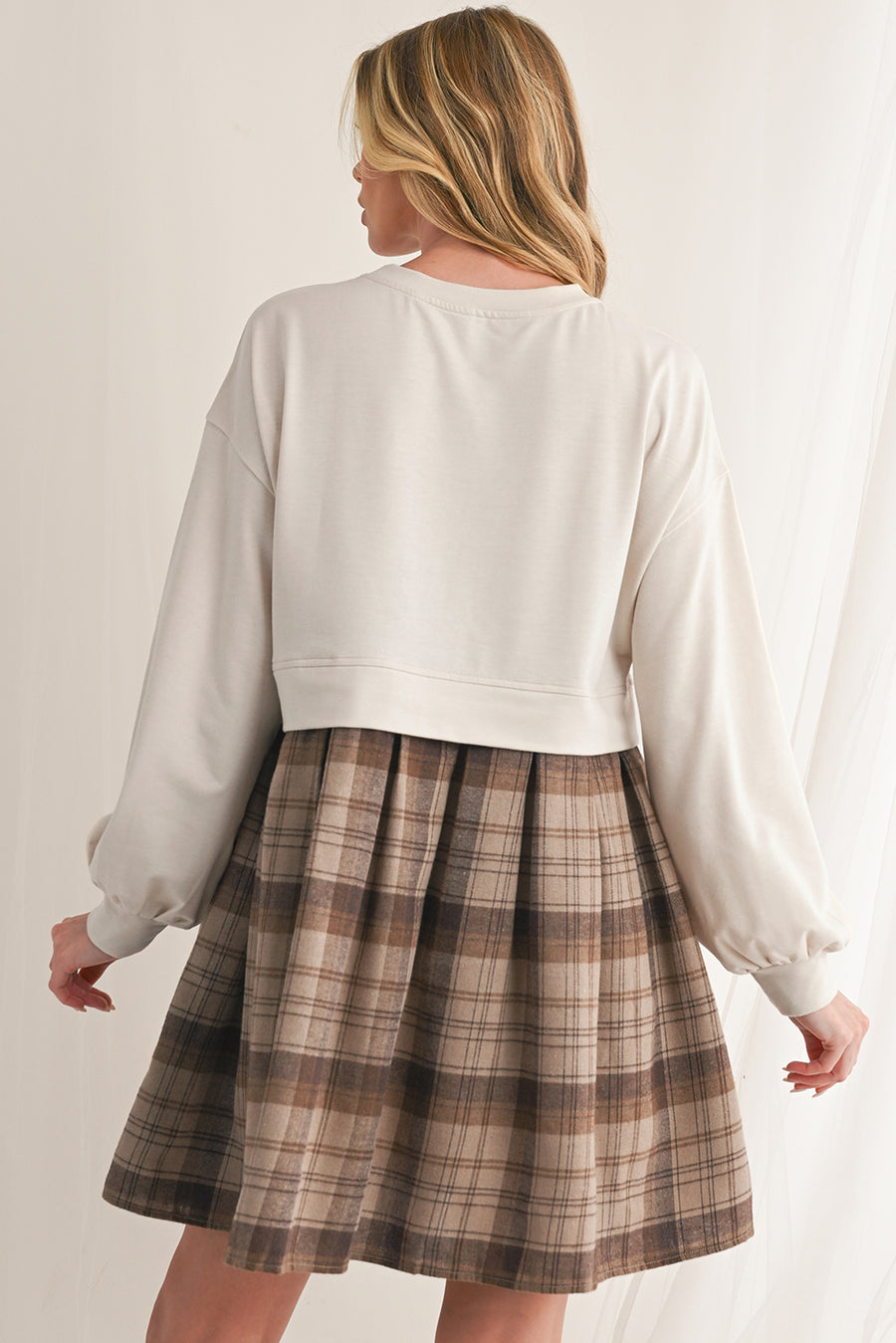 Beige Plaid Patchwork High Waist Sweatshirt Mini Dress