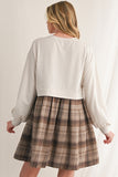 Beige Plaid Patchwork High Waist Sweatshirt Mini Dress