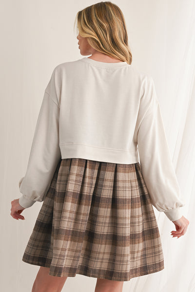 Beige Plaid Patchwork High Waist Sweatshirt Mini Dress