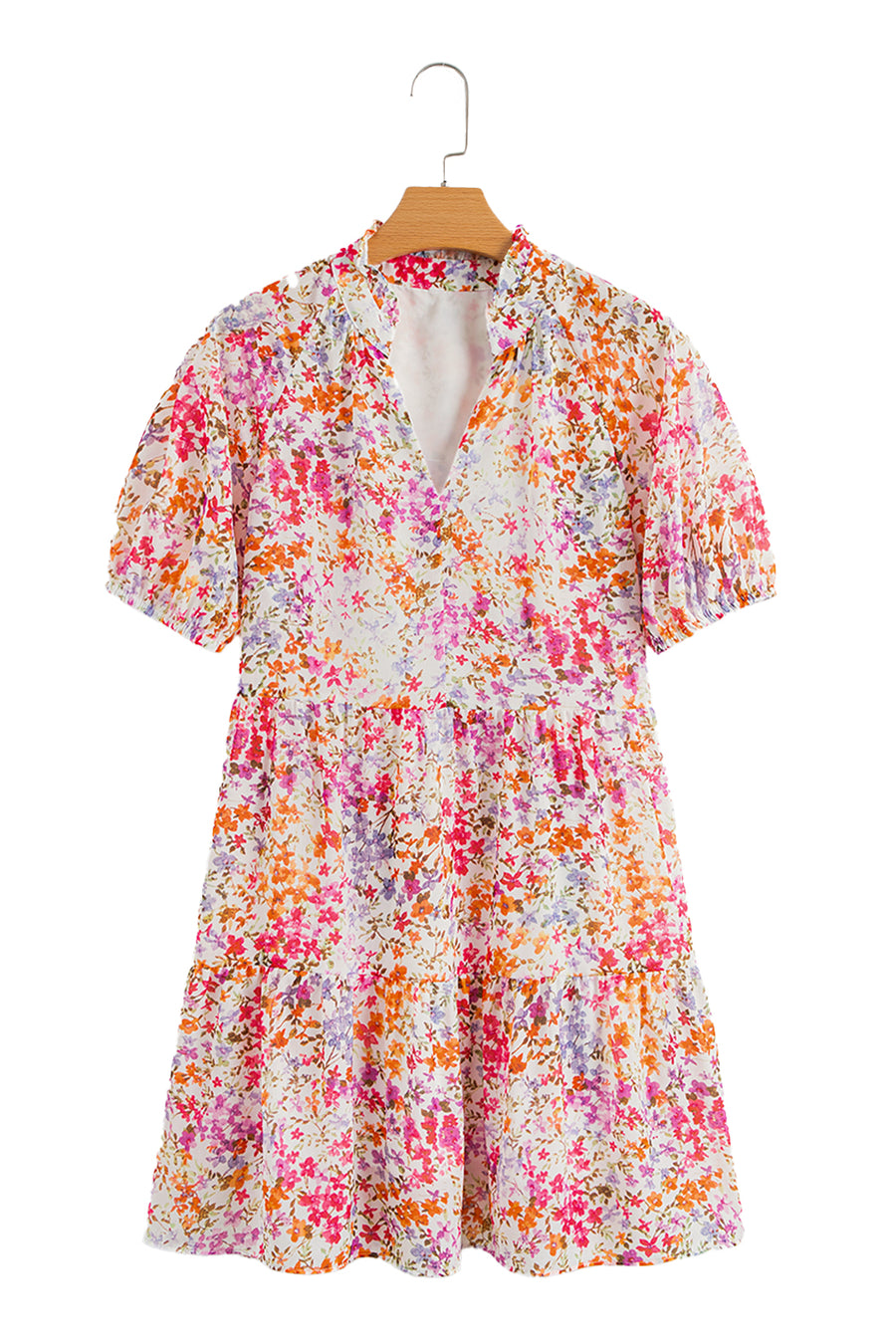 Multicolored Floral Print Notched V-Neck Puff Sleeve Tiered Mini Dress