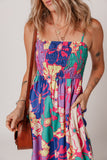 Multicolored Tropical Floral Print Shirred Spaghetti Strap Loose Maxi Dress