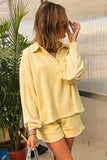 Butter Yellow Button-Up Collared Drop Shoulder Sweatshirt and Shorts Set