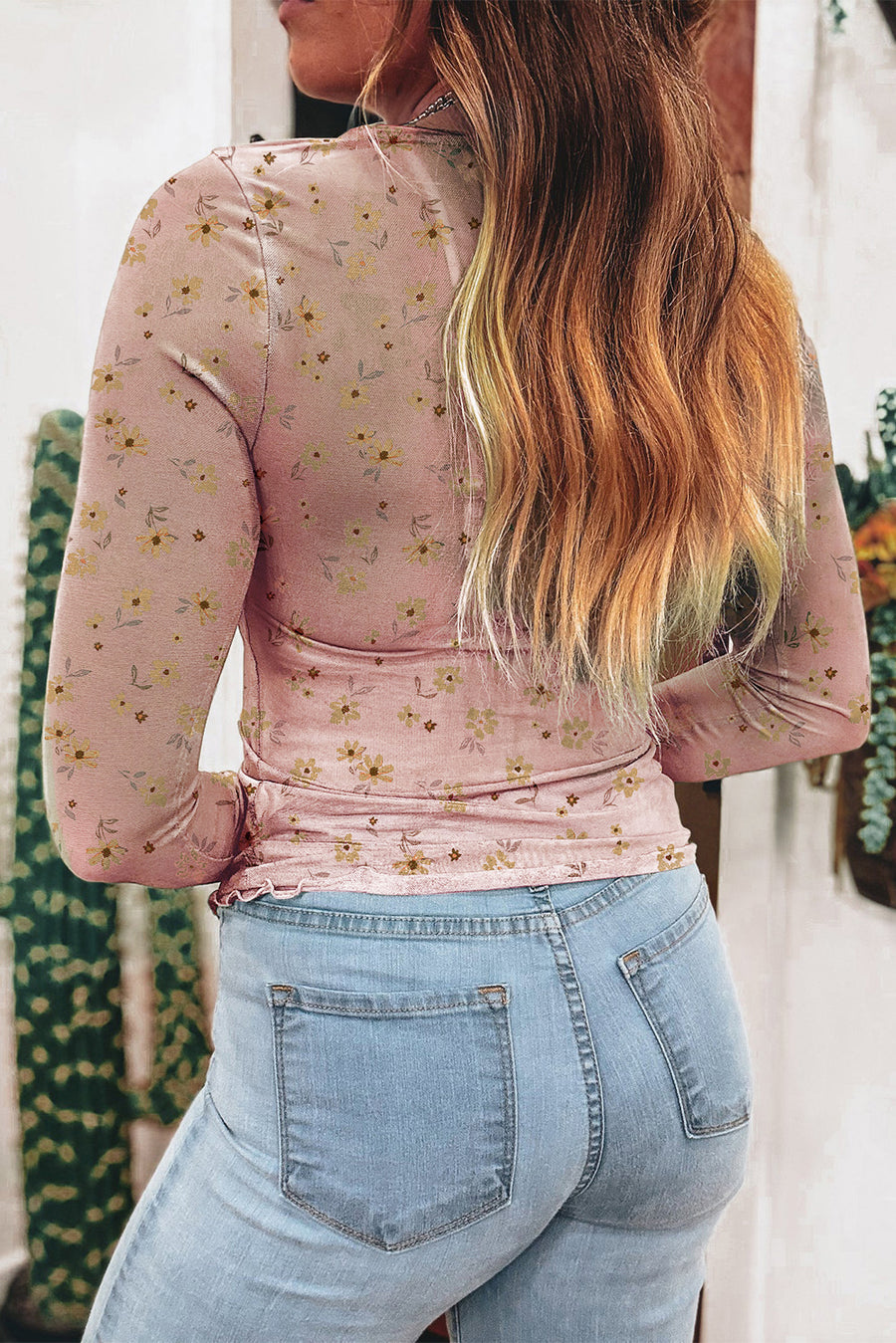 Floral Print Mesh Slim Fit Long Sleeve Blouse- 2 Colors