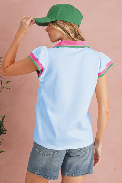 Beau Blue Pop of Color Collared V Neck Ruffle Sleeve Blouse