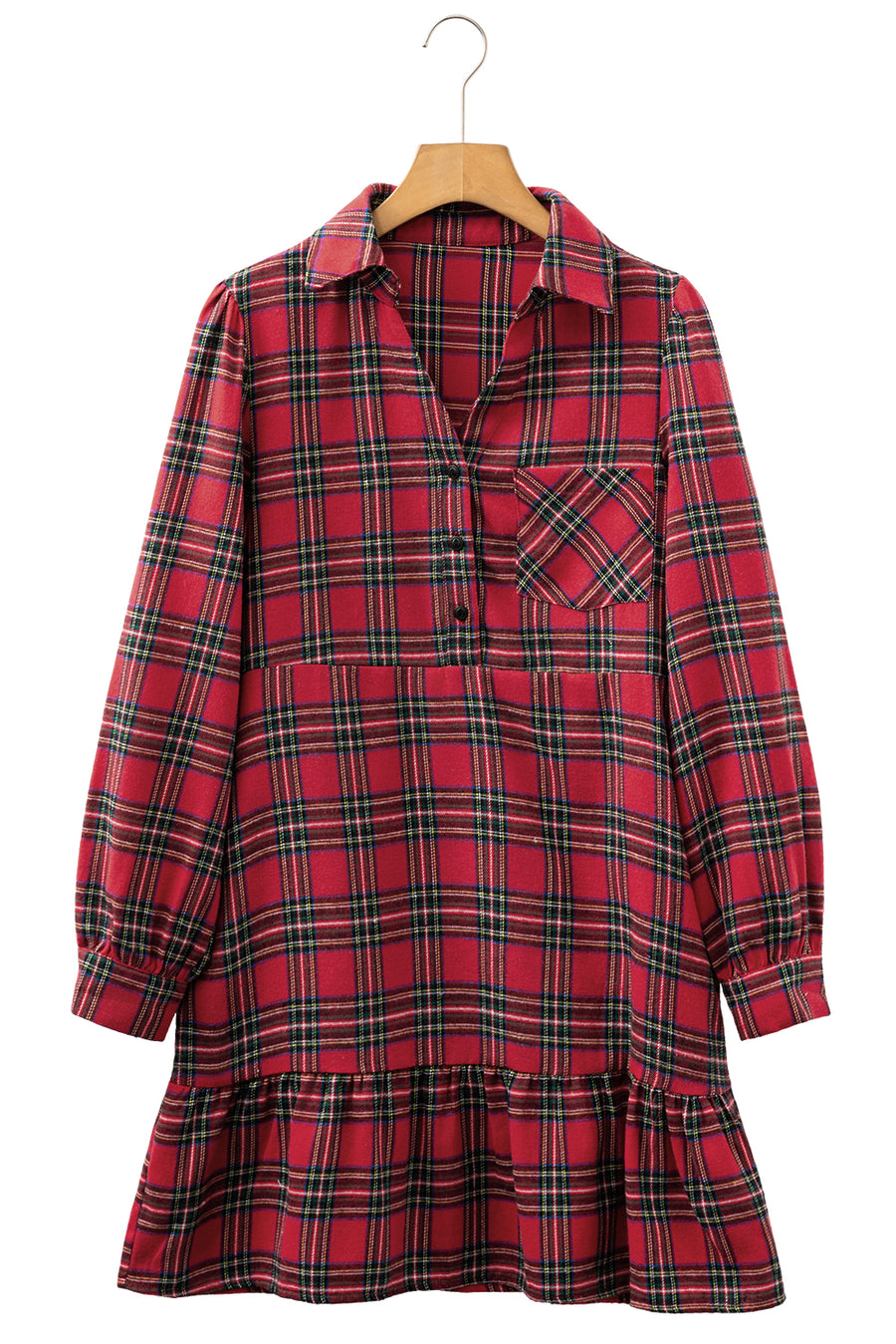 Red Plaid Shirt Collared Quarter Button-Up Ruffled Hem Long Sleeve Mini Dress