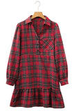 Red Plaid Shirt Collared Quarter Button-Up Ruffled Hem Long Sleeve Mini Dress