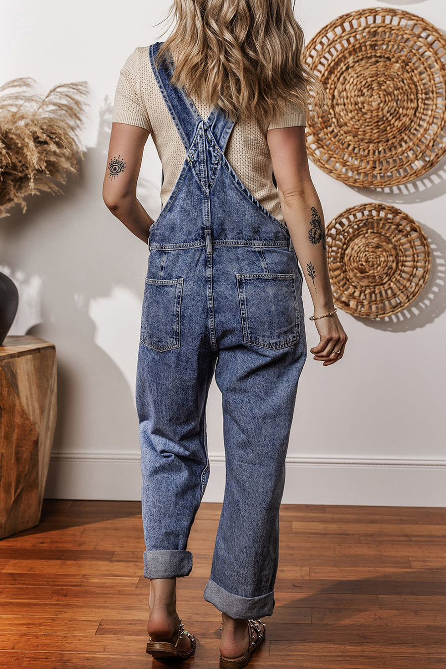 Mineral Wash Blue Straight Leg Denim Overalls