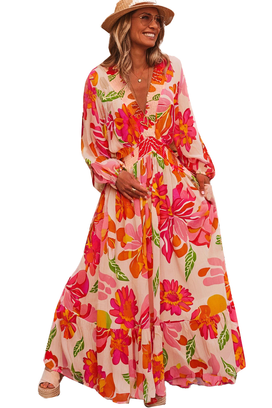 Fuchsia Multi Floral Shirred Long Sleeve Flowy Maxi Dress with Pockets