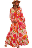 Fuchsia Multi Floral Shirred Long Sleeve Flowy Maxi Dress with Pockets