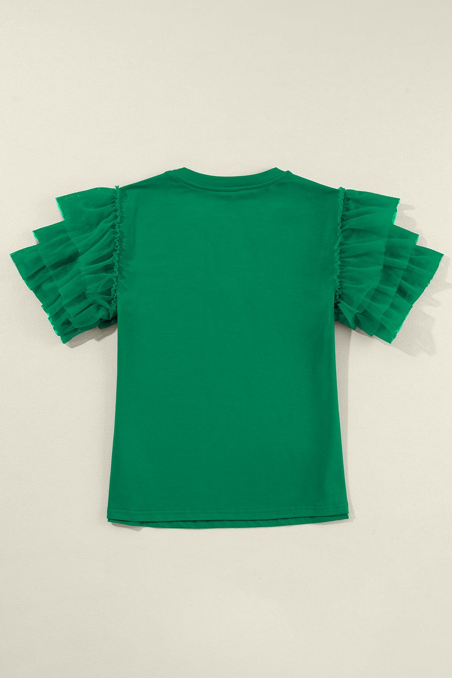 Green Crew Neck Ruffled Tulle Short Sleeve Blouse