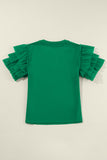 Green Crew Neck Ruffled Tulle Short Sleeve Blouse