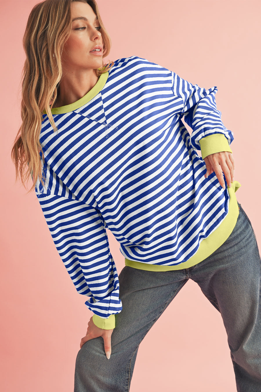 Striped Contrast Trim Oversized Sweatshirt- 4 Colors