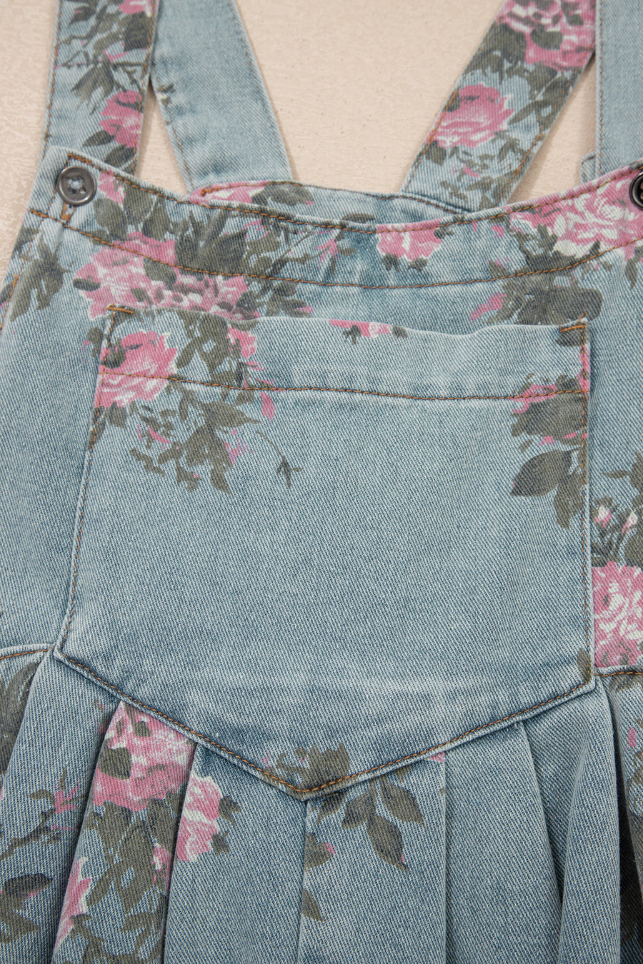 Floral Print Pleated High-Waist Wide Leg Denim Overalls- 3 Colors