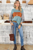 Duck Egg and Rust Color Block Striped Long Bishop Sleeve Side Slit T-Shirt