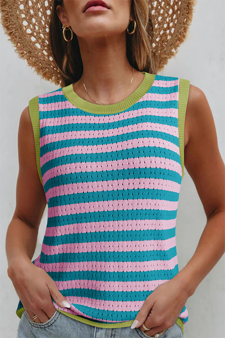 Striped Contrast Trim Sleeveless Sweater Vest- 3 Colors