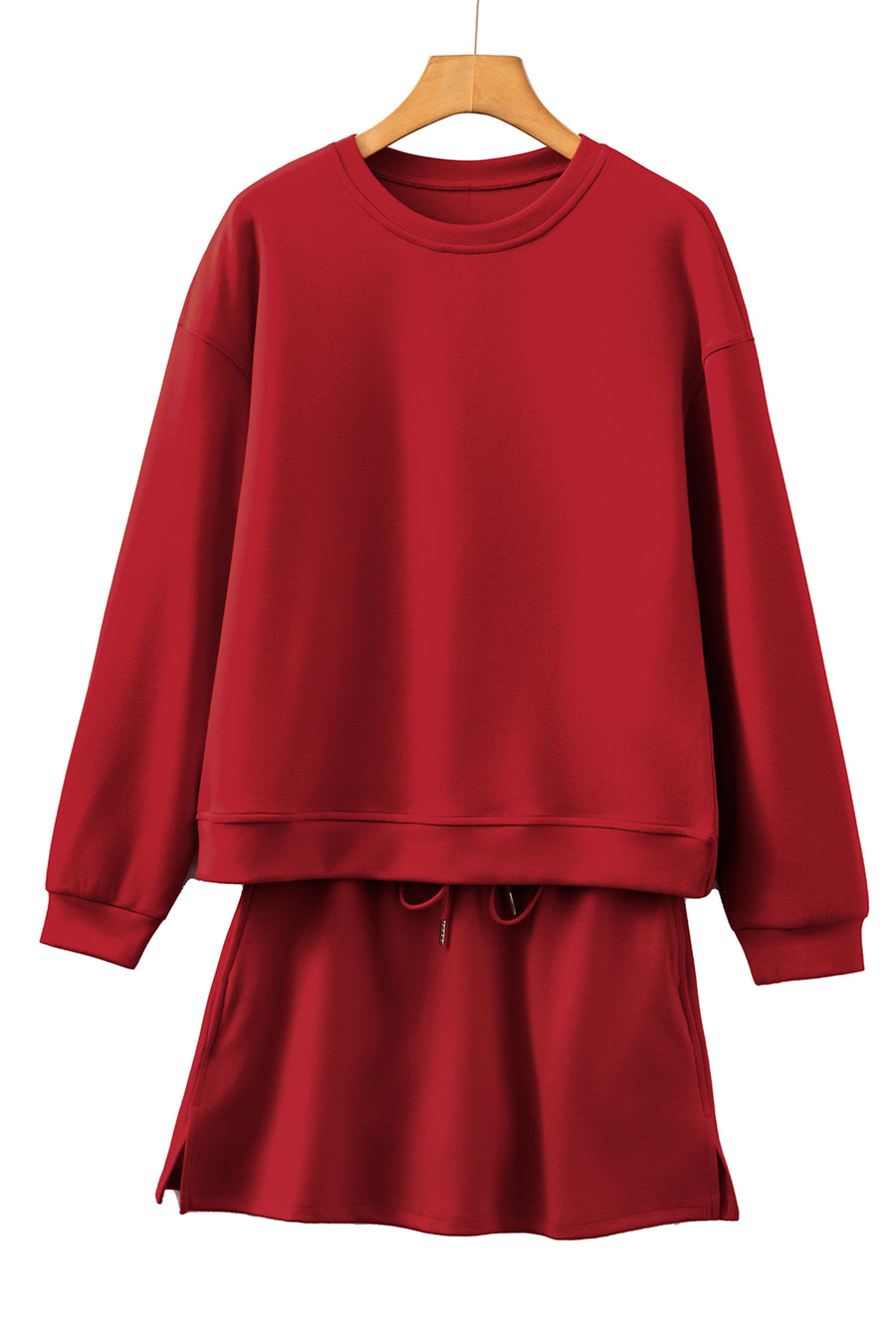 Solid Color Drop Shoulder Sweatshirt & Drawstring Mini Skirt Set- 2 Colors