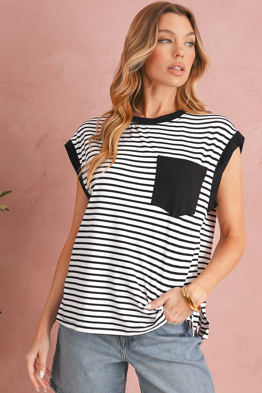 Striped Chest Pocket Crew Neck Muscle Tee- 2 Colors