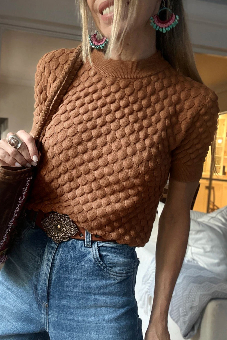 Fish Scale Textured Knit Crew Neck Short Sleeve Sweater- 2 Colors