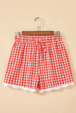 Red Gingham Lace Trim Elastic Waist Shorts