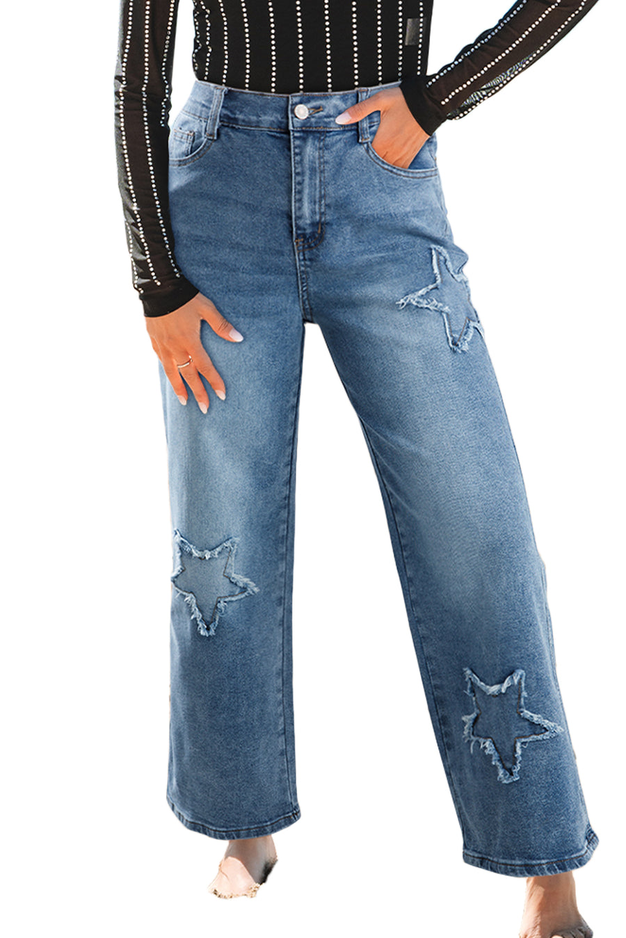 Stone Blue Star Patchwork Light Wash Wide Leg High-Waist Jeans