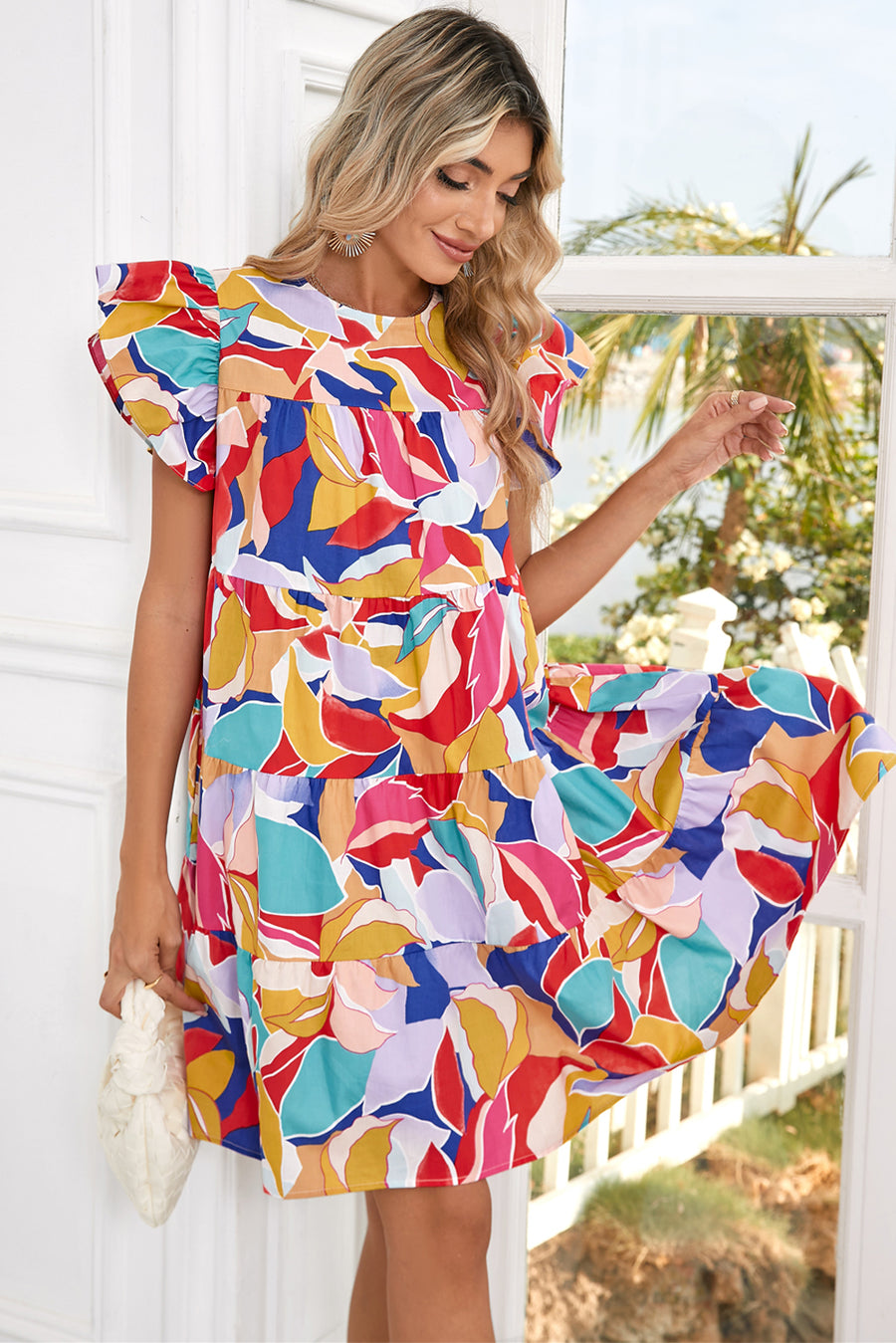 Abstract Print Flutter Sleeve Tiered Mini Dress