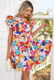 Abstract Print Flutter Sleeve Tiered Mini Dress