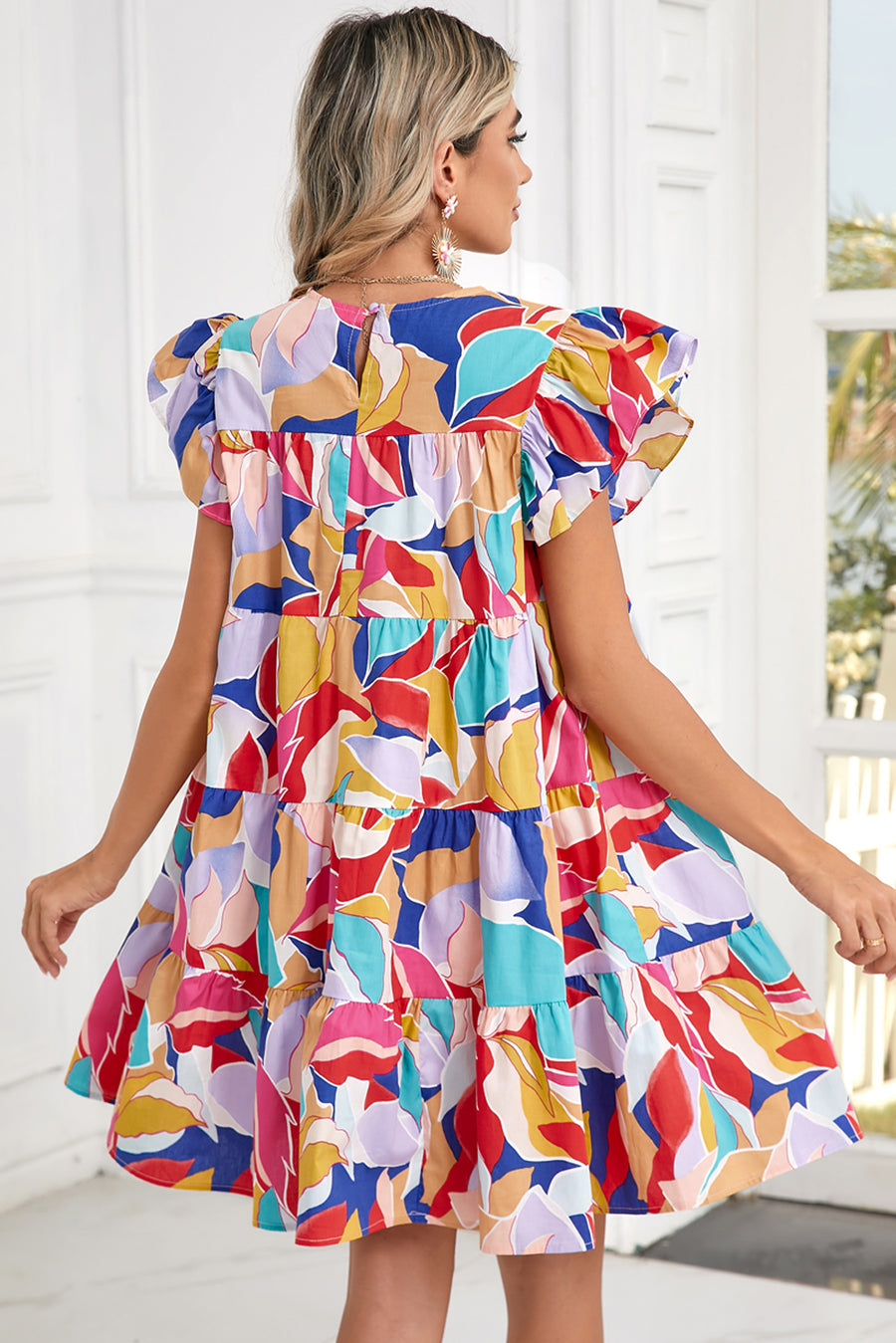 Abstract Print Flutter Sleeve Tiered Mini Dress
