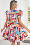 Abstract Print Flutter Sleeve Tiered Mini Dress