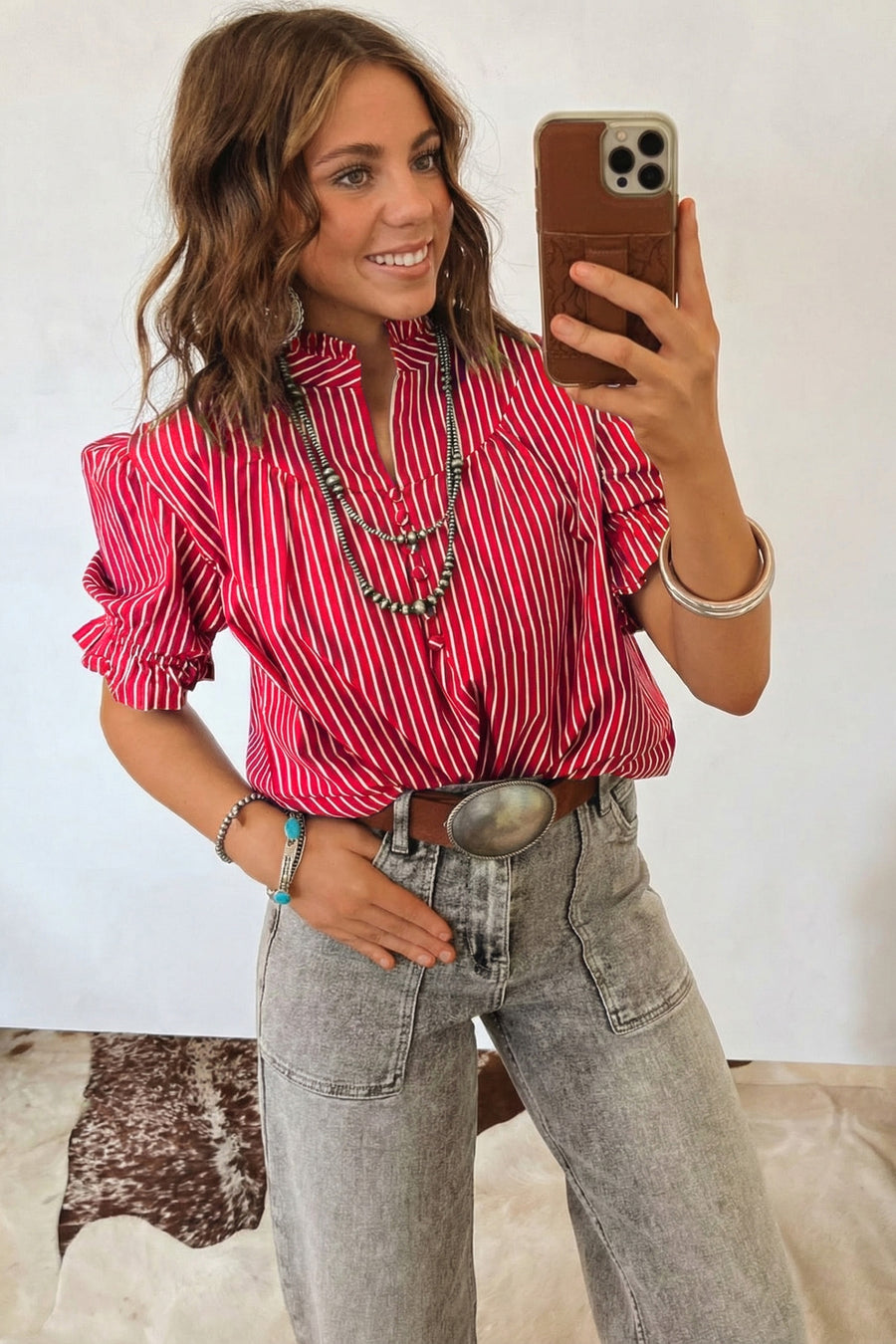 Striped Frill Neck Ruffled Short Puff Sleeve Button-Up Blouse- 2 Colors