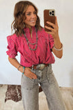 Striped Frill Neck Ruffled Short Puff Sleeve Button-Up Blouse- 2 Colors
