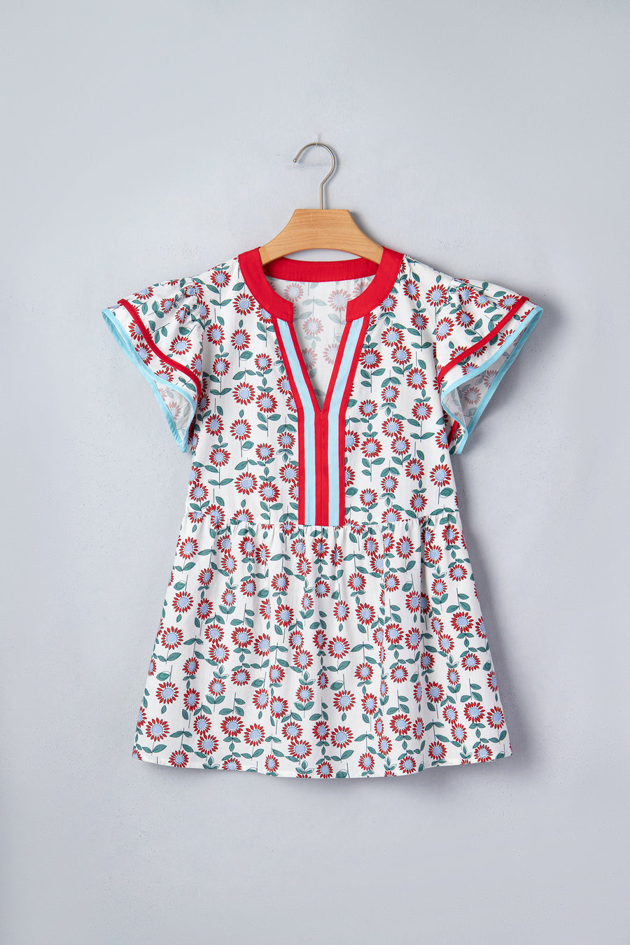Red Sunflower Printed Contrast Trim V Neck Flutter Sleeve Blouse