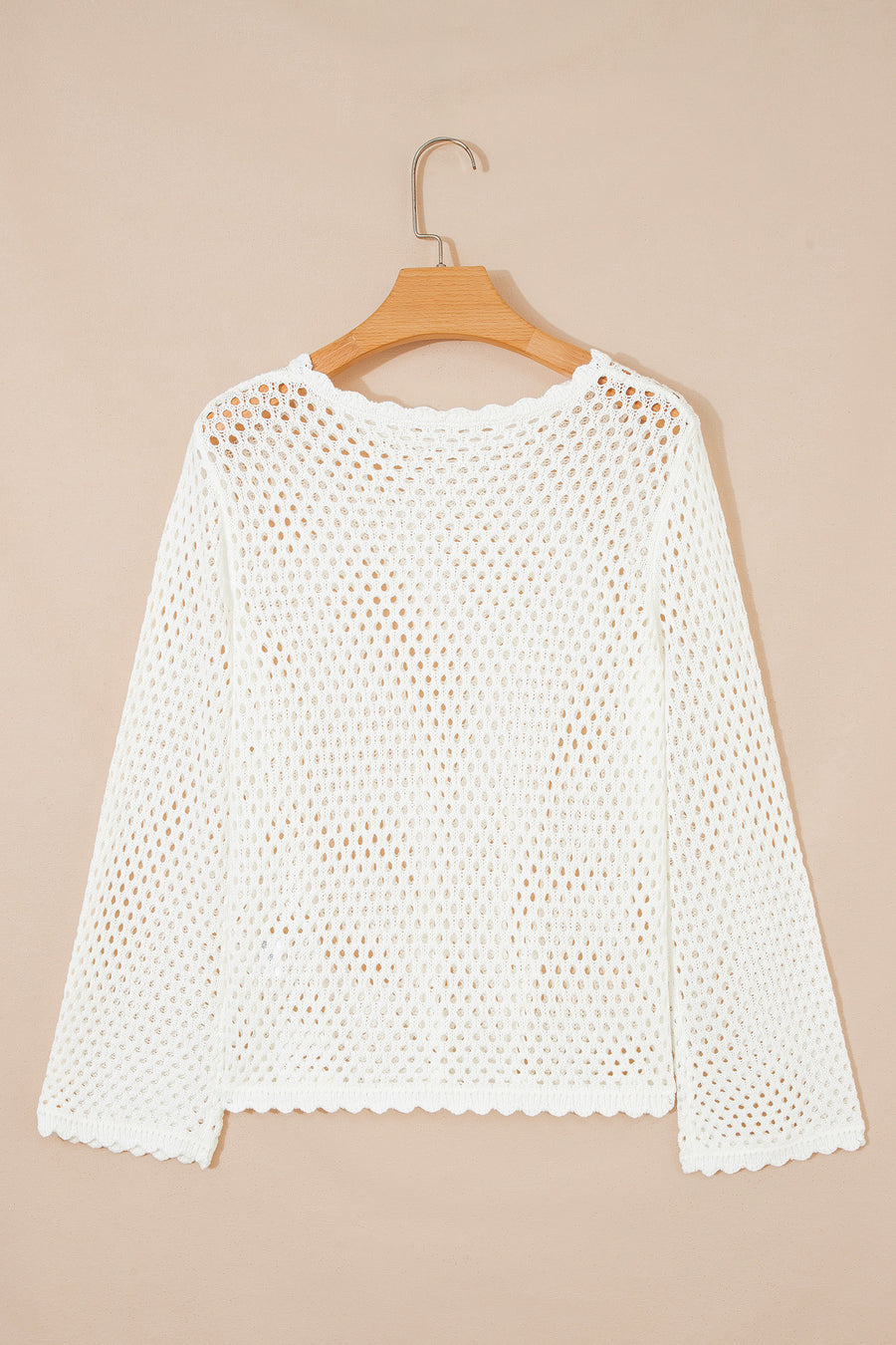 Yellow Cream Scalloped Trim Hollow Out Knit Long Sleeve Top