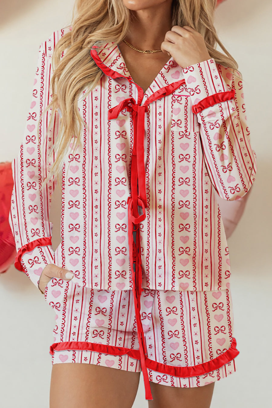 Red Hearts & Bows Print Ruffle Trim Long Sleeve Top and Shorts Pajama Set