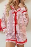 Red Hearts & Bows Print Ruffle Trim Long Sleeve Top and Shorts Pajama Set