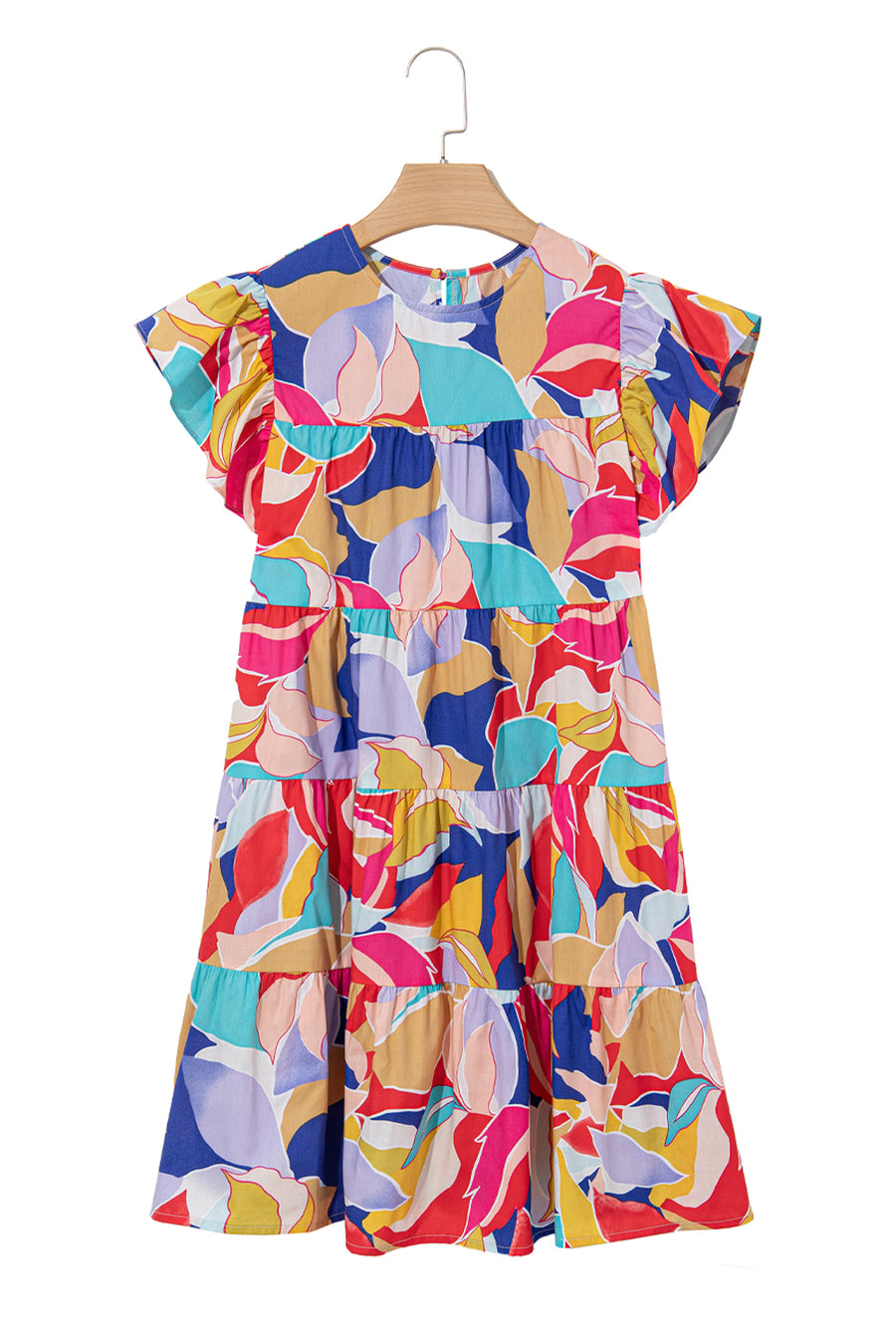 Abstract Print Flutter Sleeve Tiered Mini Dress