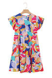 Abstract Print Flutter Sleeve Tiered Mini Dress