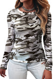 Green Camouflage Print Slim Fit Long Sleeve Top