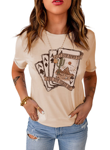 Khaki Western Poker Card Graphic T Shirt