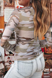 Green Camouflage Print Slim Fit Long Sleeve Top