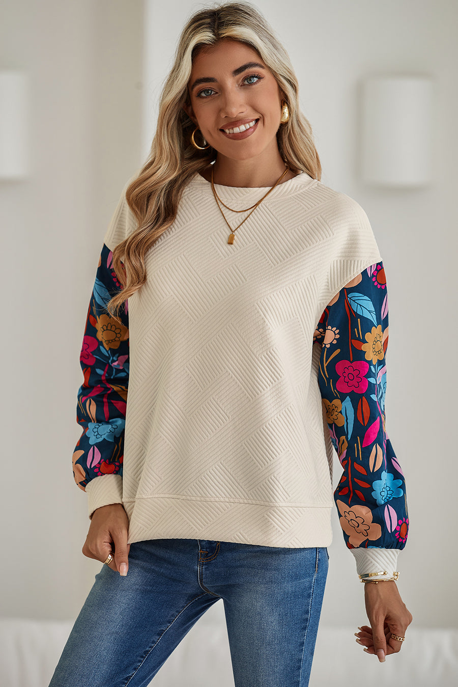 Floral Patchwork Sleeve Textured Sweatshirt
