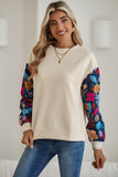 Floral Patchwork Sleeve Textured Sweatshirt