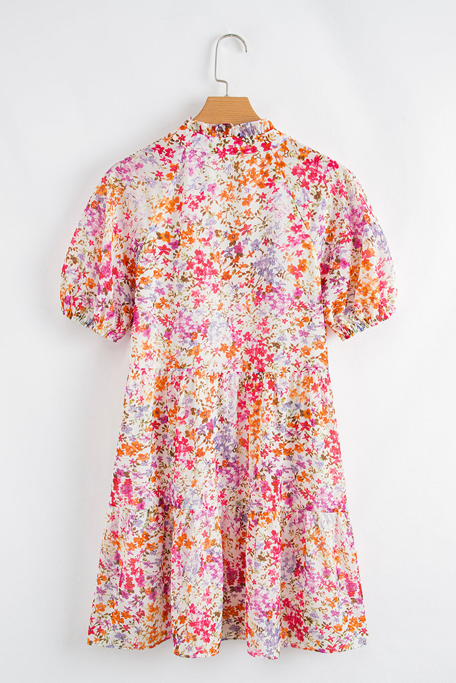 Multicolored Floral Print Notched V-Neck Puff Sleeve Tiered Mini Dress
