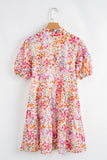 Multicolored Floral Print Notched V-Neck Puff Sleeve Tiered Mini Dress