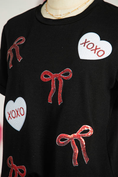 Black Bow XOXO Heart Sequin Patch Graphic T-Shirt
